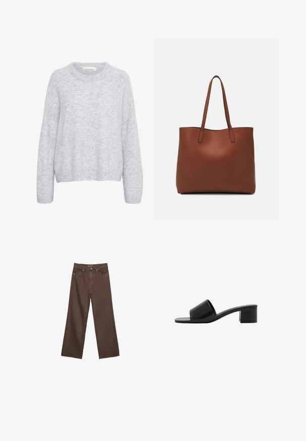 Gray knitted sweater with a relaxed fit, round neckline, and long sleeves. Soft texture with subtle variations in shade throughout.; Wide-leg brown jeans made of denim, featuring a high waist, front pockets, and a classic button closure. Smooth texture with subtle stitching.; Black leather open-toe slide sandal with a wide strap and a solid block heel. Features a smooth texture and minimal design.; Brown leather tote bag with a smooth texture, open top design, and two shoulder straps. Features minimal stitching and no visible hardware.