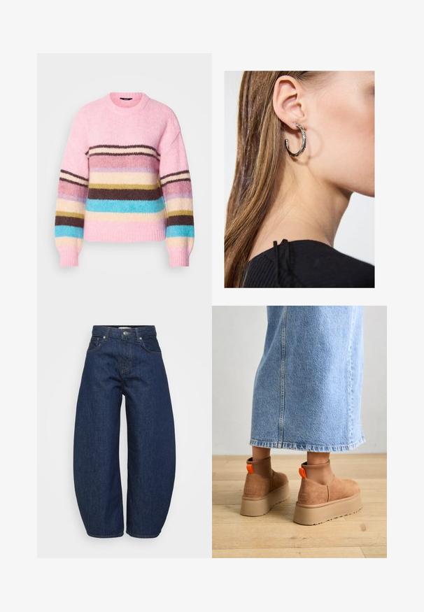 Strickpullover in Hellpink mit mehrfarbigen horizontalen Streifen in Braun, Blau, Creme und Gelb. Verfügbar mit rundem Halsauschnitt und gerippten Bündchen.; Even&Odd Petite 2 PACK - Top - light grey/black; Hochtaillierte dunkelblaue Denim-Jeans mit weitem Bein, Knopf- und Reißverschluss vorne sowie klassischem Fünf-Taschen-Design.; Braune Wildleder-Plateau-Stiefel mit elastischen Seitenpaneelen und orangen Zuglaschen, kombiniert mit einem knielangen hellen Jeansrock auf einem Holzboden.; Silberne Creolen mit polierter Oberfläche, die kleine goldene Akzentdetails und eine runde Form aufweisen, am Ohrläppchen getragen.