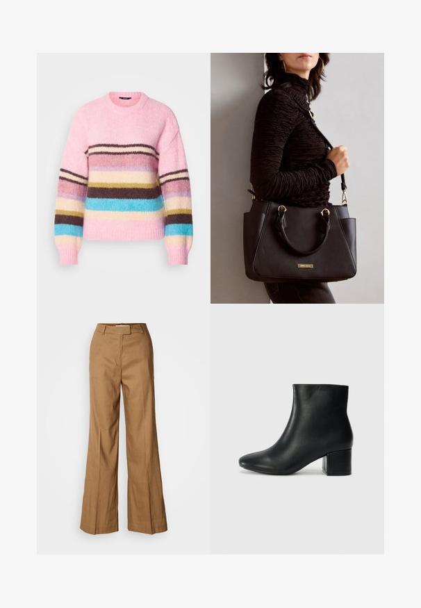 Strikket genser i lys rosa med flerfargede horisontale striper i brun, blå, krem og gul. Har rund hals og ribbestrikkede mansjetter.; Brune vide benbukser laget av lett materiale. Har flat front, beltehemper og en skreddersydd silhuett med ankel-lengde.; Sorte skinn ankelsko med spiss tå og chunky hæl. Glatt tekstur med minimale detaljer og et elegant, tettsittende design.; Svart håndveske med teksturert overflate, doble topphåndtak og justerbar skulderrem. Har detaljer i gulltone og sidelommer.