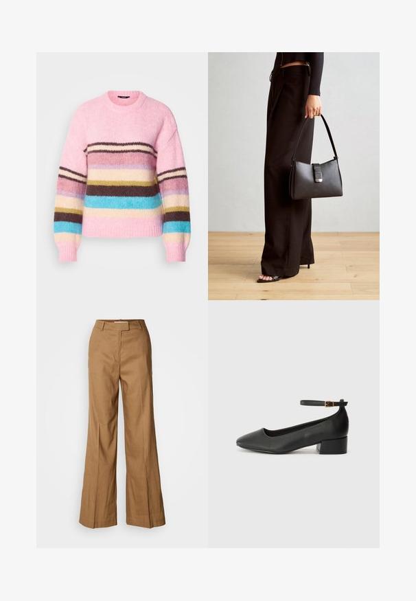 Pletený sveter v svetloružovej farbe s farebnými horizontálnymi pruhmi v hnedej, modrej, krémovej a žltej. Má okrúhly výstrih a rebrované manžety.; Hnedé široké nohavice vyrobené z ľahkej tkaniny. Majú plochý predný diel, púzdra na opasok a prispôsobený strih s dĺžkou po členky.; Čierne kožené lodičky s špicatou špičkou a nízkym blokovým podpätkom. Obsahuje remienok okolo členka so zlatým prackou. Hladký povrch.; Čierna kabelka so štruktúrovaným tvarom, hladkou textúrou a kovovou sponou. V kombinácii so širokými čiernymi nohavicami a sandálmi s otvorenou špičkou na drevenej podlahe.