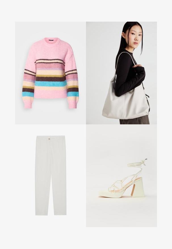 Strikket genser i lys rosa med flerfargede horisontale striper i brun, blå, krem og gul. Har rund hals og ribbestrikkede mansjetter.; Hvite, skreddersydde bukser med rette ben, med knapplukking, beltehemper og sidelommer; glatt tekstur.; Hvit høyhælte sandal med kraftig hæl, med en stroppe-design og ankelbånd. Glatt tekstur med plattform foran for ekstra høyde.; Beige håndveske laget av mykt materiale, med en slapp design, sydd detaljer og to skulderstropper. Passer for daglig bruk.