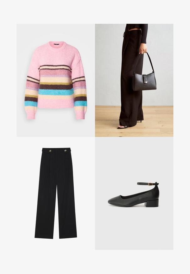 Pull en tricot rose clair avec des rayures horizontales multicolores en marron, bleu, crème et jaune. Il a un col rond et des poignets côtelés.; Pantalons larges noirs à taille haute, avec des détails de boutons à la taille et des plis sur le devant.; Escarpin en cuir noir avec un bout pointu et un petit talon bloc. Doté d'une bride de cheville avec une boucle dorée. Texture lisse.; Sac à main noir à la forme structurée, texture lisse et fermoir métallique. Associé à un pantalon noir ample et des sandales ouvertes sur un sol en bois.
