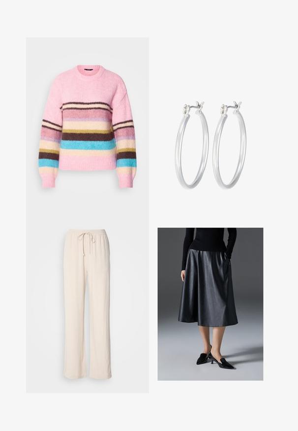 Pletený svetr světle růžové barvy s mnohobarevnými horizontálními pruhy v hnědé, modré, krémové a žluté. Má kulatý výstřih a žebrované manžety.; Světlé béžové, volné kalhoty s elastickým pasem a šňůrkou. Texturovaná tkanina s detaily po stranách a širokými nohavicemi.; Černá kožená midi sukně s hladkým povrchem; má pásek a boční kapsy. Kombinováno s lesklými černými botami na podpatku.; Stříbrné kruhové náušnice s hladkým, lesklým povrchem. Kulatý tvar a bezpečné zapínání na klip. Lehký design vhodný pro každodenní nošení.