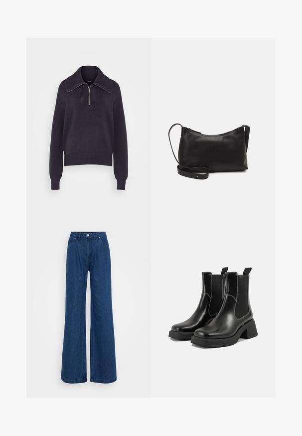 Maglione in maglia di un blu navy scuro con colletto a mezza zip, polsini a costine e un motivo testurizzato sul davanti. Tessuto morbido e di peso medio.; Jeans in denim blu a gamba larga con vita alta, chiusura frontale con bottone e zip, e tasche anteriori e posteriori su uno sfondo semplice.; Stivali Chelsea in pelle nera con tacco spesso, pannelli elasticizzati sui lati e cuciture bianche a contrasto. Finitura testurizzata.; Borsa a spalla in pelle nera con una texture liscia, forma curva, tracolla regolabile e chiusura con zip. Design minimalista senza ornamenti.