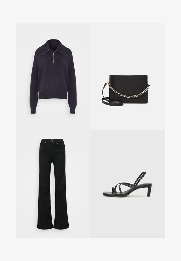 Sötét tengerészkék kötött pulóver félig zippes gallérral, bordázott mandzsettákkal és texturált mintával a mellrészen. Puha, közepes súlyú anyag.; Fekete, trapéz szabású farmernadrág, magas derékkal, öt zsebbel és fémből készült gombos zárással. Simább textúrájú, minimális díszítéssel.; Fekete pántos szandál négyzetes orral és alacsony blokk sarkal. Több vékony pánttal és állítható boka pánttal rendelkezik. Sima bőrből készült.; Fekete bőr keresztpántos táska, sima textúrával, téglalap alakú és fém lánc részlettel az elején. Állítható pánttal ellátva.