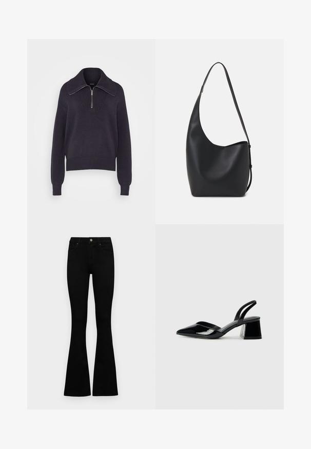 Dark navy knit sweater featuring a half-zip collar, ribbed cuffs, and a textured pattern on the bodice. Soft, medium-weight fabric.; Black high-waist jeans with a button and zip closure, front pockets, and flared legs laid flat on a white background.; Black patent leather slingback heels with a pointed toe and a geometric block heel. Features a sleek, minimal design and smooth texture.; Black leather hobo bag with a smooth texture, curved shape, and single adjustable strap; features a wide opening at the top.