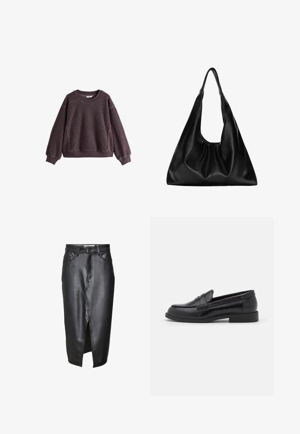 Burgundska flisasta beseda z teksturirano površino, okroglim ovratnikom in rebrastimi manšetami. Ima stranske akcentne elemente in sproščen kroj.; Črna usnjena krila s srednje dolžino, ki ima sprednji razporek, klasične zanke za pas in prišite detajle vzdolž šivov.; Črne usnjene loferice z gladko teksturo, zaobljenim nosom, šiviljskim detajli na zgornjem delu in nizkim, ravnim gumijastim podplatom.; Črna usnjena hobo torba z mehko, ukrivljeno obliko. Ima širok zgornji ročaj in gube na dnu, kar daje torbi udoben izgled.