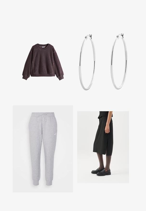 Bordeauxfarbener Fleecepullover mit strukturiertem Oberflächenmaterial, Rundhalsausschnitt und gerippten Bündchen. Verfügt über seitliche Akzente und eine lockere Passform.; Hellgraue Sweatpants mit einem Kordelzug in der Taille, schmal zulaufenden Beinen und einem kleinen weißen Logo am linken Oberschenkel. Hergestellt aus einem weichen, strukturierten Stoff.; Schwarzer knielanger Rock mit seitlichem Schlitz, kombiniert mit schwarzen Loafers und transparenten braunen Strumpfhosen, aus glattem Stoff und mit einem schlichten Design.; Silberne Creolen mit einer glatten, polierten Oberfläche und einer dünnen, runden Form. Das Design verfügt über einen sicheren Verschluss.