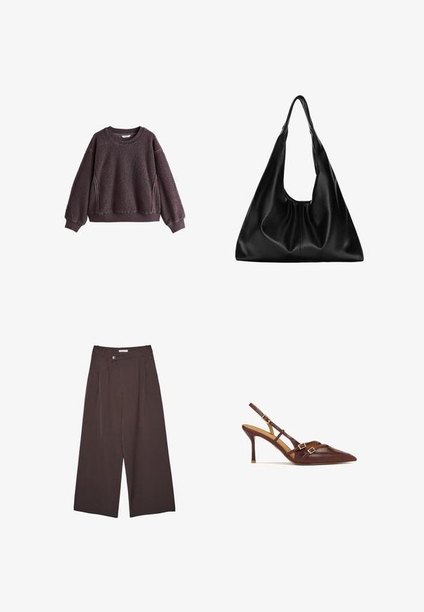 Bordo flisani međuodjevni džemper s teksturiranom površinom, okruglim izrezom i rebrastim manžetama. Ima bočne detalje i opušteni kroj.; Široke smeđe hlače s prugama, s pojasom na dugmad i petljama za remen, prikazane ravno na bijeloj pozadini.; Smeđe kožne cipele s remenom oko peta, sa špicastim prstima, tankim stiletto potpeticama i zlatnim detaljima. Imaju ukrštene remenčiće preko stopala.; Crna kožna hobo torba s mekanim, zakrivljenim oblikom. Ima široku gornju dršku i nabore na dnu koji daju opuštenu teksturu.