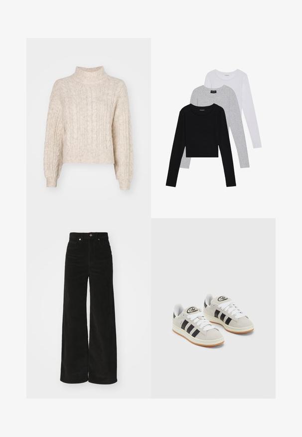 Pulover scurt de culoare crem, cu guler înalt, având un model texturat de tricotaj cu cablu și mâneci lungi, ușor bufante.; Trei bluze cu mânecă lungă așezate: neagră, gri și albă. Fiecare are un guler rotund și un design scurt, realizat dintr-un material fin și ușor.; Pantaloni largi din canao negri cu talie înaltă, având două buzunare frontale și închidere cu nasture metalic. Material texturat cu nervuri verticale.; Adidași din suede gri cu șireți albi, dungi negre și talpă din cauciuc alb. Prezintă un logo circular pe limbă și o talpă din cauciuc.