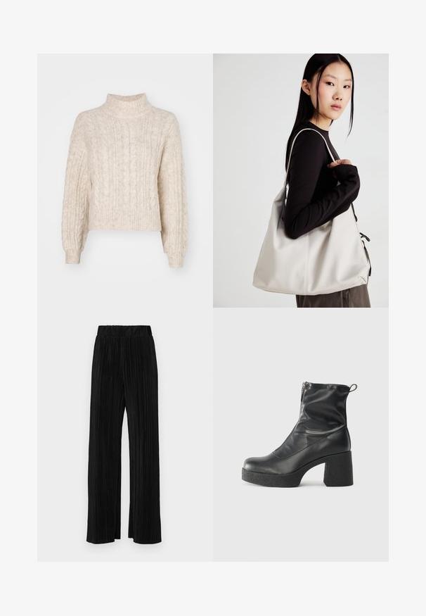 Biješ-smeđi skraćeni pulover s visokim ovratnikom, s teksturiranim uzorkom pletenice i dugim, blago napućenim rukavima.; Crne plisirane hlače s elastičnim pojasom. Imaju široke nogavice i glatku, teksturiranu tkaninu s vertikalnim prugama.; Crne gležnjače od glatke kože, s bočnim zatvaračem, debelim teksturiranim potplatom i dizajnom s zaobljenim prstima.; Bežna torba od mekog materijala s opuštenim dizajnom, šivanim detaljima i dva remena za rame. Pogodna za svakodnevnu upotrebu.