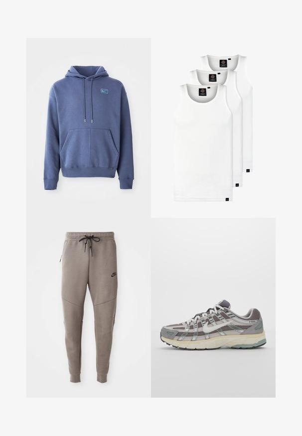 Modrá mikina s kapucí vyrobená z měkké látky, která má přední kapsu, stahovací kapuci a malé vyšívané logo na hrudi.; Tři bílé žebrované tílka vyrobené z bavlny. Mají kulatý výstřih a malé černé štítky poblíž lemu. Dostupné v několika velikostech.; Šedé Nike tepláky s elastickým pasem na šňůrku, zúženými nohavicemi, bočními kapsami a charakteristickým švem. Měkká, strukturovaná tkanina.; Šedá sportovní obuv s vrchní částí z mikrovlákna a semiše, bílými akcenty, polstrovanou podrážkou a jedinečným designem s reflexními prvky.