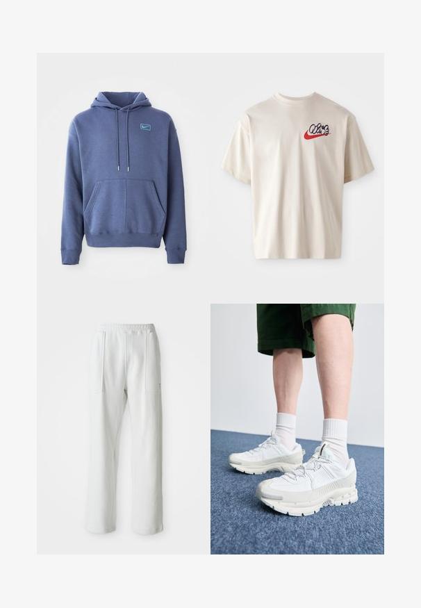 Moletom azul feito de tecido suave, com um bolso frontal tipo bolsa, capuz com cordão e um pequeno logótipo bordado no peito.; T-shirt em algodão bege com mangas curtas, apresentando um gráfico colorido no logo na área do peito esquerdo, combinando acentos azuis e vermelhos.; Calças brancas casuais com um cós elástico e grandes bolsos frontais, exibidas sobre um fundo claro e liso.; Sapatos atléticos brancos com sobreposições texturizadas, sola espessa e detalhes em cinza. Usados com meias brancas até ao tornozelo e calções verdes sobre uma superfície azul.