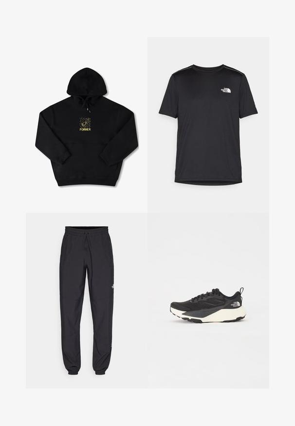 Črna kapuca z sprednjim žepom, ki vsebuje rumeno grafiko ptice in besedo "FORMER" v debelih črkah. Mehka tkanina z nastavljivo vrvico.; Črna kratkosleevena majica iz lahkotnega materiala. Ima majhen bel logo na levem prsnem delu in diskretne poudarke na ramenskem predelu.; Črne atletske hlače iz lahkega materiala, ki imajo elastični pas z vezalko, stranske žepe in zožene manšete na gležnjih.; Črne atletske čevlje z mrežastim zgornjim delom z teksturo, trdnimi črnimi detajli in lahkim belim podplatom. Imajo vezalni sistem in zanko za pomoč pri obuvanju.