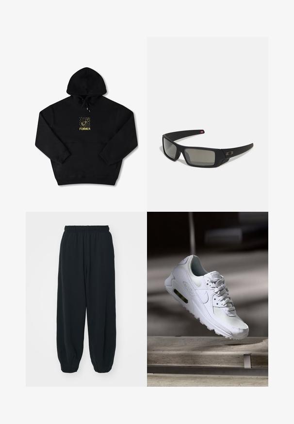 Svart hoodie med en framficka, prydd med en gul grafik av en fågel och ordet "FORMER" i fet stil. Mjuk material med justerbar dragsko.; Svarta, elastiska sweatpants med lös passform, mudd vid anklarna, slät textur och utan synliga mönster eller detaljer i metall.; Vita Nike Air Max 90 sneakers med en ovandel i mesh och läder, perforerad tåbox och en synlig luftenhet i hälen.; Svarta solglasögon med matt yta, rektangulära linser, lätt kurva vid skalmarna, diskret logotypdetalj och rökfärgade linser.