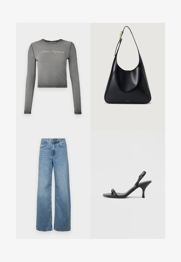 Grå avskuren långärmad topp i ribbat material, med kontrasterande sömmar och en framsida prydd med rhinestone-text.; Ljusblå vida jeans i denim, med hög midja, framfickor och en klassisk femficksdesign, med subtila blekningar.; Svarta läder högklackade sandaler med en smal, böjd klack och ett korsat remdesign. Justerbar ankelrem. Slät textur.; Svart läderaxelväska med en slät yta, böjd silhuett och en gulddetalj. Har en präglad logotyp vid basen.