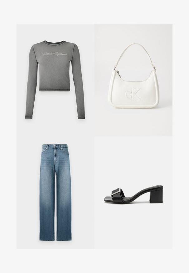 Pelēks īsais garām piedurknēm tops, izgatavots no ribota materiāla, ar kontrastējošiem dūrieniem un priekšpusi, kurā ir dizains ar rhinestone tekstu.; Gaiši zili plata kāju džinsi, izgatavoti no denima, ar augstu vidukli, piecu kabatu dizainu un vieglu balināšanu gar kājām.; Melni augstpapēžu mule apavi ar spīdīgu lakotu virsmu, kvadrātveida sprādzi, atvērtu purngalu un vidēju bloku papēdi stabilitātei.; Balta ādas rokassoma ar noapaļotu formu, uz kuras priekšpuses ir izgriezts "CK" logo un viena plecu siksna. Augšā aizverama ar rāvējslēdzēju.
