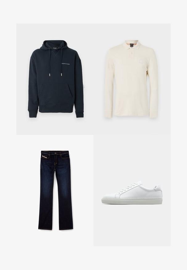 Marineblauwe hoodie van katoen, met een kangoeroezak en een wit bedrukt logo op de borst, en zilveren trekkoordaccenten.; Langarm polo shirt in lichtbeige, gemaakt van gladde stof, met een polokraag, een knoopsluiting met twee knopen en een klein logopatch op de borst.; Donkerblauwe denim jeans met een rechte pijp, voorzien van oranje stiksels, een ritssluiting en voorzakken. Glad oppervlak en een standaard tailleband.; Witte sneaker met een gladlederen bovenwerk en een laag profiel. Voorzien van een ronde neus, zes vetergaatjes en een gestructureerde rubberen zool.