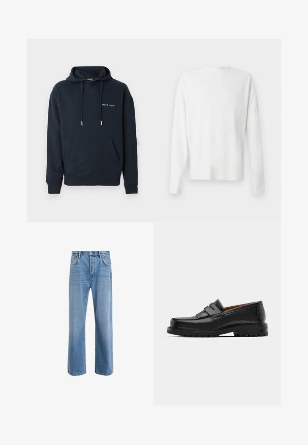 Marineblauwe hoodie van katoen, met een kangoeroezak en een wit bedrukt logo op de borst, en zilveren trekkoordaccenten.; Witte katoenen blouse met lange mouwen en een ronde halslijn, met zijsplitten aan de onderkant en een gladde textuur, vanuit de achterkant weergegeven.; Lichtblauwe denim jeans met een straight-leg ontwerp, vijf zakken, knoopsluiting, minimale vervaging en contrasterende stikseldetails.; Zwarte leren instappers hebben een verhoogde naad, twee decoratieve banden op de bovenkant en een dikke, gestructureerde zool voor extra grip.