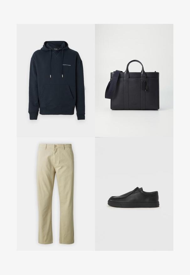 Námornícky modrá mikina s kapucňou vyrobená z bavlny, s klokankovou kapsou a bielym potlačeným logom na hrudi, so striebornými akcentmi na šnúrkach.; Béžové bavlnené nohavice so strihaťou rovného strihu, predným zapínaním na gombík a pútkami na opasok. Hladká textura, bez viditeľných vzorov alebo akcentov.; Čierna kožená slip-on obuv s okrúhlou špičkou, prešívaním a čiernou gumovou podrážkou. Hladký povrch s minimalistickým dizajnom.; Tmavomodrá kožená aktovka s dvoma hornými uchami a odnímateľným popruhom. Disponuje textúrovaným povrchom, vertikálnym prešívaním a detailom loga.