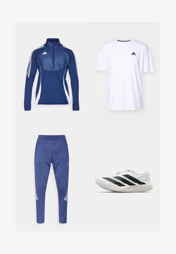 Top sportiv bleumarin cu guler cu fermoar partially, panouri laterale albe și detalii texturate pe piept. Prezintă logo-ul Adidas pe partea stângă.; Tricou alb cu mânecă scurtă dintr-un material cu o textură netedă. Dispune de un logo negru adidas pe pieptul stâng și un guler cu un model.; Pantaloni sportivi albaștri cu talie elastică, buzunare laterale cu fermoar și dungi albe diagonale pe părți. Realizați dintr-un material neted, ușor.; Pantofi de alergare ușori în albastru deschis cu dungi negre. Au un superior neted, vârf rotund și o intermediară groasă albă etichetată "LIGHTSTRIKE PRO."