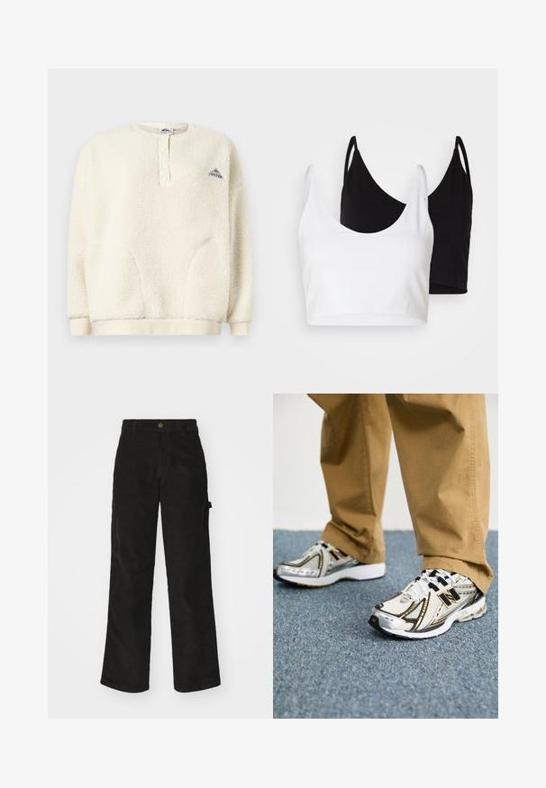 Pulôver de fleece na cor creme, com mangas longas, placket de colarinho abotoadas, punhos e bainha canelados, e pequeno logotipo triangular no peito.; Dois tops de algodão em branco e preto. Cada um tem um decote profundo e alças finas, apresentando uma textura suave e macia.; Calças de veludo cotelê pretas com um design de perna reta, apresentando um fecho de botão e bolso lateral. Textura suave com finas riscas verticais.; Sapatilhas New Balance em branco e prata com detalhes e atacadores pretos, apresentando uma parte superior em malha, sola acolchoada e design dinâmico.