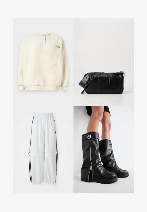 Krémový fleecový pulóver s dlhými rukávmi, zapínaním na gombíky pri golieri, rebrovanými manžetami a lemom, a malým trojuholníkovým logom na hrudi.; Biele športové nohavice so voľným strihom, elastickým pásom a čiernymi bočnými pruhmi. Obsahujú zipsové vrecká a elastické manžety na členkoch.; Čierne kožené vysoké čižmy po kolená s širokým nohavičkou, so bočným zipsom a detailom s prackou, štruktúrovaným povrchom a robustnou gumovou podrážkou.; Čierna kožená kabelka cez plece so zipsovým uzáverom, so štruktúrovaným telom, bielym prešívaním a popruhom so striebornými očkami.