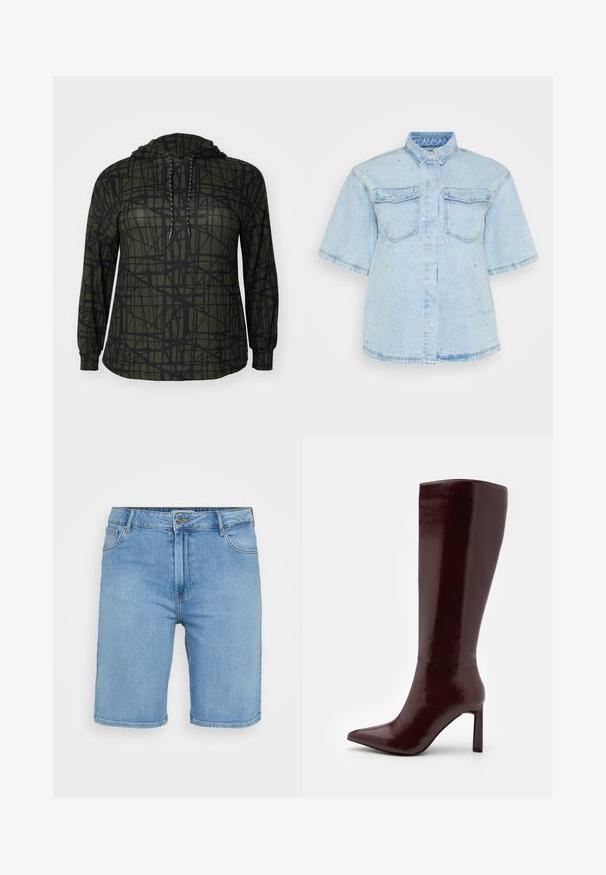 Olivno zelena kapuca z črnim abstraktnim vzorcem, dolgi rokavi, kapuca s vrvico in mehak material. Prijeten dizajn, primeren za vsakodnevno nošenje.; Svetlo modra denim srajca s kratkimi rokavi, ki ima dva sprednja žepka in je okrašena z majhnimi srebrnimi žebljički.; Svijetloplave traper šorts hlače klasičnog kroja, s prednjim zatvaranjem na dugme, petljama za remen i dva bočna džepa. Glatka tekstura i ravni rub.; Even&Odd Škornji - dark red