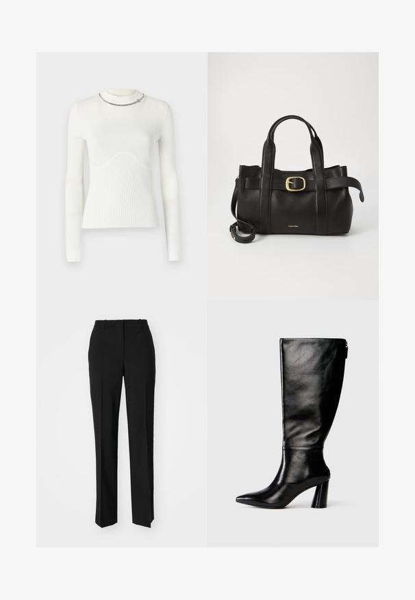 Valge pika varrukaga sviiter, millel on soonikuline tekstuur, esiosal lainemuster ja hõbedane kett kaeluses.; Mustad ja sirged püksid, millel on sile tekstuur ja teravad voldid esiosas. Ilma nähtavate detailideta.; Knee-high musta nahksaabas terava nina, siledat pinnad ja paks konts. Tagaküljel on tõmblukk.; Must mustraga nahkakott, millel on struktureeritud disain, kaks ülemist kanda, kuldse tooni pandla aktsent ja esiküljel embosseeritud brändi logo.