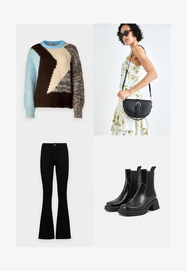 Knit sweater featuring a color-block design in cream, brown, light blue, and gray, with varying textures and a round neckline.; Black high-waist jeans with a button and zip closure, front pockets, and flared legs laid flat on a white background.; Black leather Chelsea boots with a chunky heel, elastic side panels, and contrasting white stitching. Textured finish.; Black leather handbag with a curved shape, detachable strap, and gold hardware. The bag features a flap with a buckle detail.
