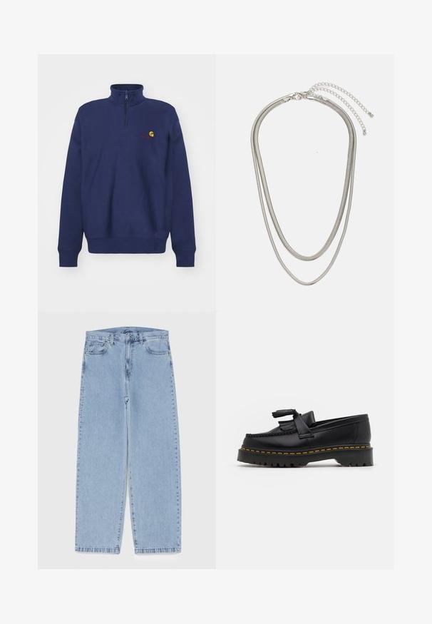 Carhartt WIP HALF ZIP AMERICAN SCRIPT - Mikina - air force blue; Svetlomodré denimové džínsy s rovnými nohavicami, s polovysokým pásom, piatimi vreckami a zapínaním na gombík a zips.; Čierne kožené loafre s detailom na strapcoch, s masívnou čiernou podrážkou a žltým prešitím pozdĺž okraja. S textúrovaným povrchom.; Trojvrstvový náhrdelník zo strieborného kovu s elegantnými, flexibilnými reťazami s jemným leskom, zabezpečený sponou typu langusta a nastaviteľným reťazcom.