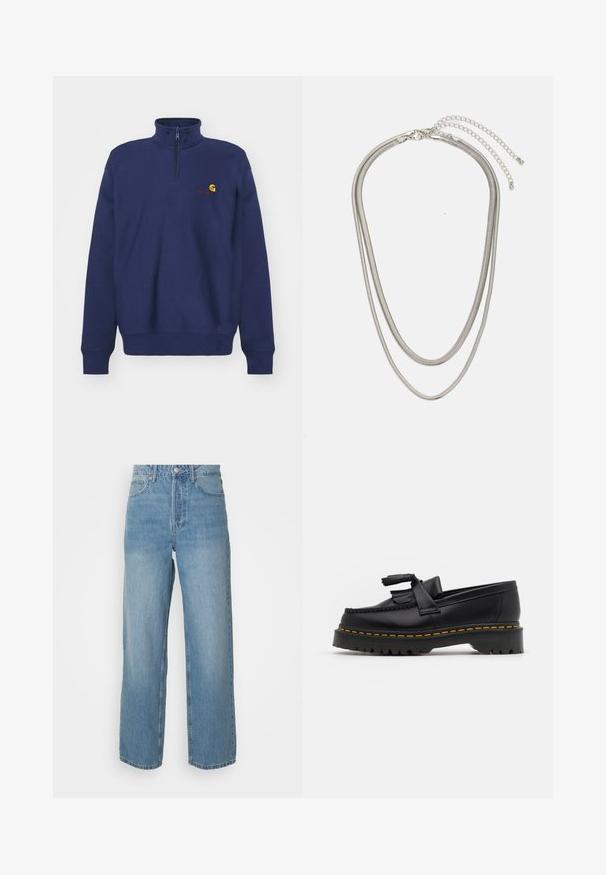 Carhartt WIP HALF ZIP AMERICAN SCRIPT - Sportska majica - air force blue; Svijetloplave traperice viskog struka s ravnim nogavicama, prednjim kopčanjem na gumbe i pet džepova na jednobrojnoj pozadini.; Crna kožna loaferica s resicama, koja ima čvrst crni potplat i žute šavove duž ruba. Teksturirana završna obrada.; Necklace od tri sloja srebrnog metala s elegantnim, fleksibilnim lančićima blagog sjaja, zatvoren s karabinera i prilagodljivim lančićem.