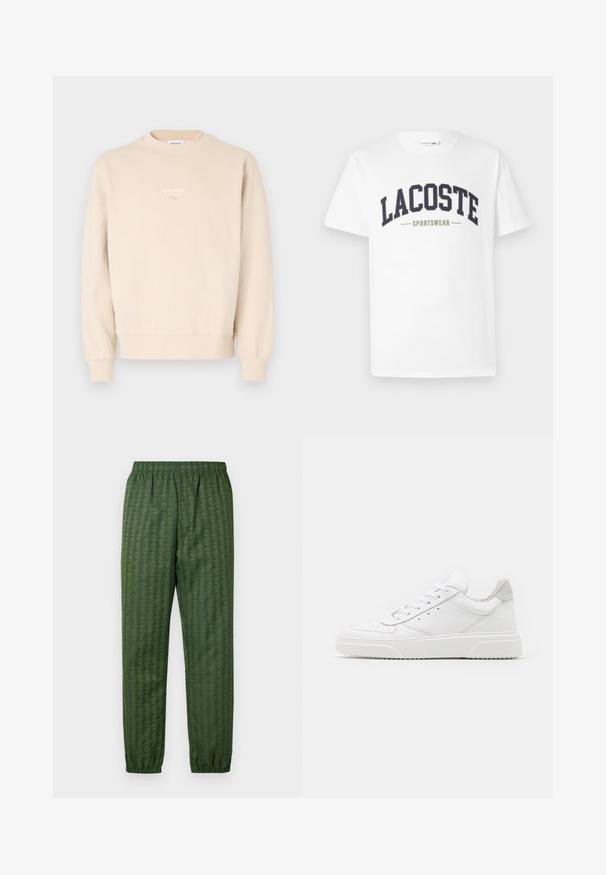 Beige Sweatshirt aus weichem Material, mit Rundhalsausschnitt, Rippbündchen und kleinem weißen Logo auf der Brust.; Weißes T-Shirt aus Baumwolle mit einem in gebogener Form auf der Brust gedruckten Logo "LACOSTE SPORTSWEAR" in Marineblau und Olivgrün.; Grüne Sporthose mit Muster, elastischem Bund, schmal zulaufenden Beinen und durchgehend geometrischem Design. Hergestellt aus leichtem Material.; Weiße Leder-Sneaker mit glatter Oberfläche, rundem Zehenbereich, flachen Schnürsenkeln und strukturiertem Schuhsohlen. Graues Wildleder-Detail an der Ferse.