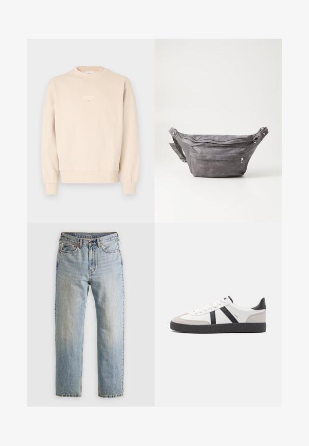Sweatshirt beige en tissu doux, avec un col rond, des poignets côtelés et un petit logo blanc sur la poitrine.; Jean en denim bleu clair à taille haute, avec bouton avant, fermeture éclair et design à cinq poches, posé à plat sur un fond neutre.; Baskets blanches avec des accents noirs et gris, présentant un embout texturé gris, une semelle en caoutchouc noir et des lacets plats blancs. Design épuré, style minimaliste.; Sac banane en suède gris avec une forme arrondie, deux compartiments zippés et une sangle réglable. Comprend des accents en métal.