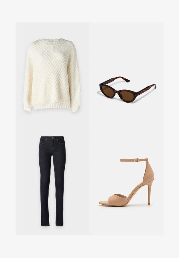 Rip Curl CLASSIC SURF - Džemperis - bone; Tumši zila džinsu auduma bikses ar šauru piegriezumu, kurām ir augsts jostasviets, piecas kabatas un oranžas šuves detaļas.; ALDO CRERIDE PILLOW WALK - Sandales - beige; Brūnas pūķu kaula saulesbrilles ar vintage kaķa acs formu un brūniem stikliem. Ievērojamas ar izliektiem ieročiem ar sarkaniem akcentiem.; Melnā hobo soma, kas izgatavota no gludas ādas līdzīga materiāla, ar savītu rokturi, ar mīkstu, noapaļotu formu un augšējo rāvējslēdzēju.; Zelta auskari ar gludu, spīdīgu apdari. Apaļš dizains, kas ietver mazu tapu un caurspīdīgu pamatni drošai valkāšanai.