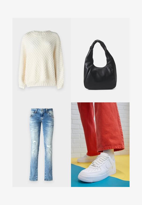 Rip Curl CLASSIC SURF - Vesta - bone; Svijetloplavi traperice s opuštenim krojem, s detaljima istrošenosti, dugmetom na zatvaranju s dva gumba i ravnim nogavicama.; Bijele kožne tenisice s perforiranim prednjim dijelom, teksturiranim đonom i bijelim vezicama, u kombinaciji s širokim crvenim hlačama i plavo-žutom pozadinom.; Crna torba hobo napravljena od glatkog materijala nalik koži s uvrnutom drškama, s mekim, zaobljenim oblikom i zatvaranjem na vrhu sa patentnim zatvaračem.; Zlatne kružne naušnice s glatkom, sjajnom završnom obradom. Kružni dizajn s malom potporom i prozirnom podlogom za sigurno nošenje.