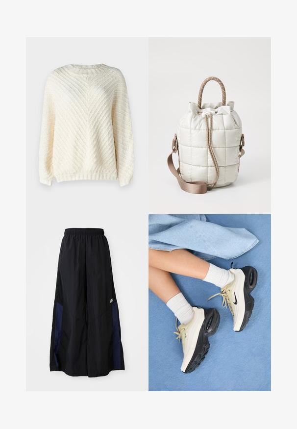 Rip Curl CLASSIC SURF - Strickpullover - bone; Schwarze weit geschnittene Hose aus leichtem Stoff, mit einem dunkelblauen Seitenpanel und einem elastischen Bund. Kleines weißes Logo am unteren Ende.; Die Nike Air Max Sneakers verfügen über ein beigefarbenes und schwarzes Design, mit einem glatten Obermaterial, sichtbarer Air-Dämpfung und flachen Gummisohlen.; Quilted, hellbeige Tasche mit cinchbarem Oberteil, ausgestattet mit einem geflochtenen Griff und einem abnehmbaren Riemen. Glatte Textur mit sanftem Glanz.