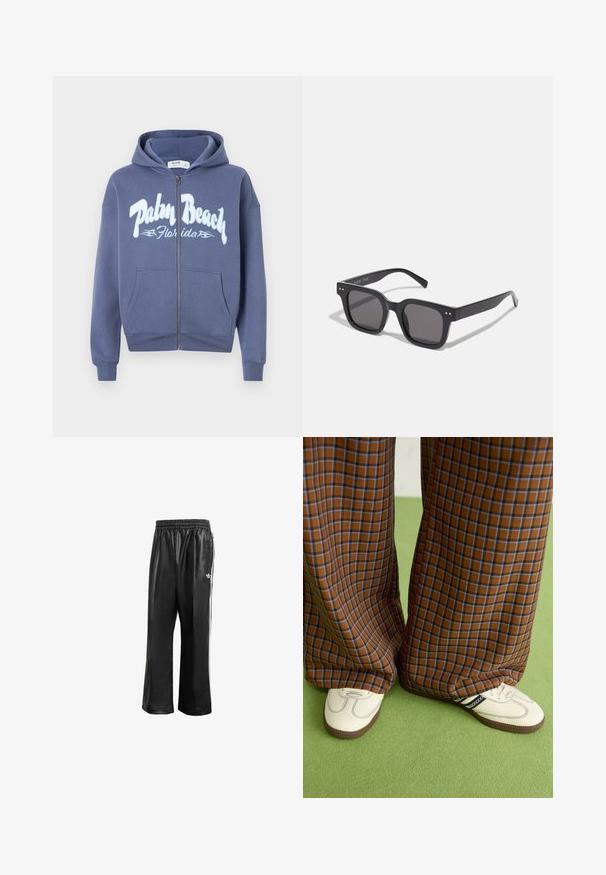 Manta de capuz azul-marinho com fecho éclair, feita de algodão com uma textura suave. Apresenta um capuz com cordão e uma grande gráfico "Palm Beach Florida".; Calças de treino sintéticas pretas com um cós elástico, apresentando riscas laterais brancas e um pequeno logótipo branco no quadril esquerdo.; Calças largas em padrão xadrez castanho e azul, combinadas com sapatos brancos com detalhes pretos e solas texturizadas, contra um fundo verde.; Óculos de sol retangulares pretos com lentes escuras, apresentando uma armação grossa, acentos discretos nas laterais e sem logótipos visíveis além do nome da marca.; Saco de mensageiro preto feito de material liso, apresentando uma aba dobrável, fechos de hardware prateados e uma alça de ombro ajustável.
