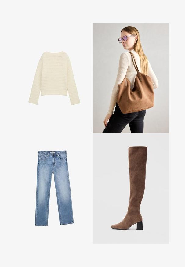 Krämfärgad, stickad tröja med lös passform, ribbad halsringning och långa ärmar. Strukturerat mönster genom hela tröjan med kort längd.; Raka ben blålila denim jeans med en blekt tvätt, fem fickor och en klassisk knappgylf. Material i bomull med tydlig sömnad.; Bruna över knäna stövlar i mjukt mocka med spetsig tå och en kraftig svart klack. Designen har sömlös sömnad för en snygg look.; Brun mocka toteväska med mjuk textur, stor öppning och långa axelremmar. Har en enkel design med synliga sömmar och ingen hårdvara.