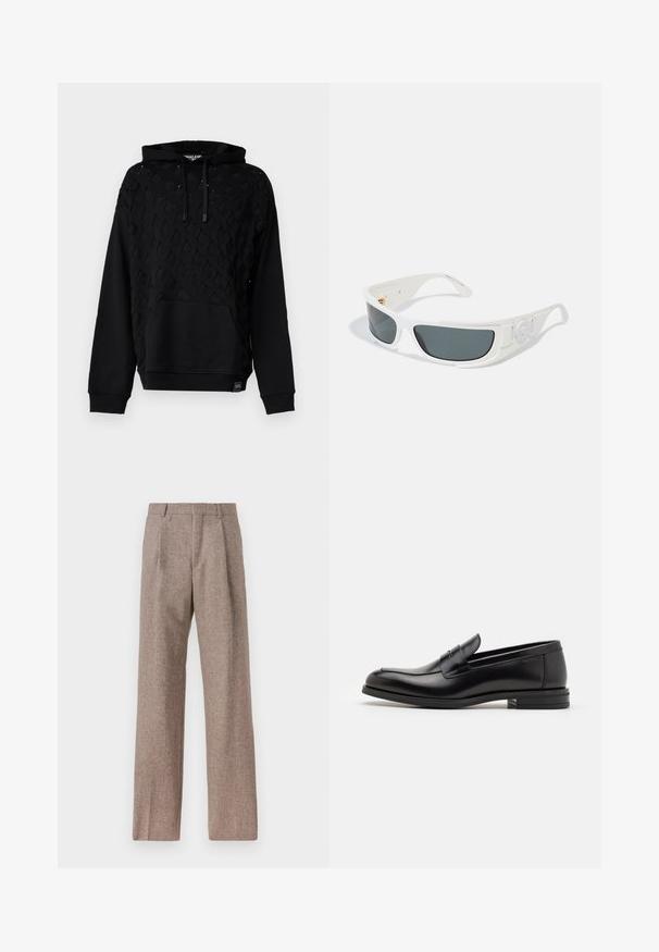 Černá mikina s kapucí vyrobená z měkké tkaniny, která má prošívaný diamantový vzor, stahovací kapuci, přední kapsu a žebrované manžety a lem.; Hnědé kalhoty s vysokým pasem vyrobené z texturované látky. Mají široké nohavice a dva přední sklady pro strukturu. Úhledné provedení bez viditelné kovových částí.; Černé kožené polobotky s hladkou texturou, zaoblenou špičkou a zdobným páskem přes nárt. Nízký stohovaný podpatek, minimalistický design.; Bílé sluneční brýle s šedými skly, obdélníkového tvaru a texturovanými akcenty po stranách. Obsahují zlaté detaily.