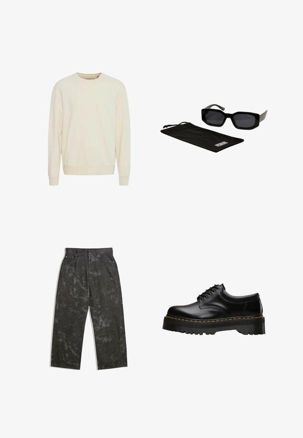 Svijetlo bež dukserica, okrugli izrez, dugi rukavi, mekani materijal, rebrasti manžeti i donji rub, bočne proreze za lakše kretanje, minimalistički dizajn.; Tamno sivi traperice širokog kroja, s blagim mramornim uzorcima i metalnim detaljima. Dizajn s pet džepova.; Crne kožne cipele na vezanje s debelim, nazubljenim crnim gumenim potplatom i žutim šavovima duž ruba, s glatkom završnom obradom.; Crne naočale sa kutnim, prevelikim okvirom i tamnim staklima, u pratnji crne mikrofiber torbice s logom.