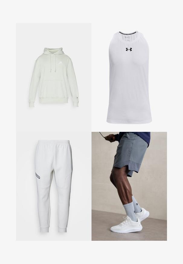 Gaiši zaļa kapuce, kas izgatavota no mīksta auduma, ar aukliņām, priekšējo kabatu un izšūtu logo uz krūtīm. Ribotās piedurknes un apmale.; Balts, bez piedurknēm, t-krekls, kas izgatavots no mīksta auduma, arapaļo kakla izgriezumu un melnu Under Armour logotipu uz krūšu daļas.; Balti sporta bikses ar mīkstu, gludu tekstūru. Iezīmējas ar izliektiem sānu paneļiem un melnu akcenta strīpu. Elastīgs jostasvieta nodrošina pielāgojamu fit.; Baltas sporta apavu pāris ar strukturētu acs virsu, apvienots ar gaiši zilo riboto zeķu pāri, kurā ir zīmols. Pelēki sporta šorti ar perforētu apdari.