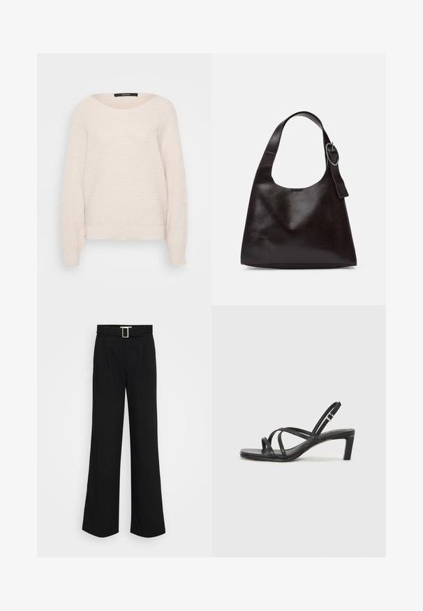 Világos bézs pulóver bordázott mintával, széles hajónyakkivágással és hosszú ujjal. Jellemzője a laza szabás, valamint a bordázott mandzsetta és szegély.; Fekete, bővített szárú nadrág, könnyű anyagból készült, sima textúrával, elülső pliszírozással és négyzet alakú fém csattal ellátott övvel.; Fekete pántos szandál négyzetes orral és alacsony blokk sarkal. Több vékony pánttal és állítható boka pánttal rendelkezik. Sima bőrből készült.; Barna bőr válltáska sima felülettel, lekerekített formával, széles pánttal és kör alakú fém akcentussal a fogantyún.