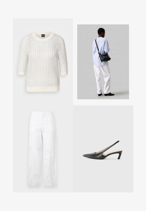 Fehér textúrájú pulóver kötött mintával, kerek nyakkivágással, háromnegyedes ujjal, valamint kontrasztos bordás mandzsettákkal és aljjal. Márkalevél: BOSS.; Fehér, széles szárú nadrág könnyű anyagból, sima textúrával, letisztult vonalakkal és magasderék kialakítással.; Fekete, hegyes orrú, slingback cipő alacsony sarkával, sima bőrből készült, oldalt kivágott deisgnal a légáteresztőképesség érdekében.; Fekete bőr válltáska puha tapintással, háromszög alakú, állítható pánttal, világoskék csíkos inggel és fehér nadrággal párosítva.