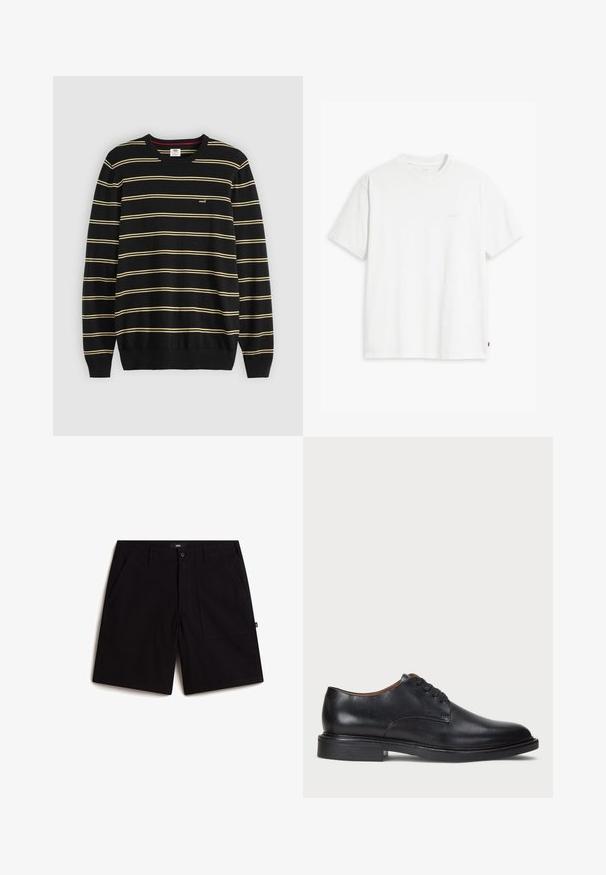 Schwarzer Pullover mit horizontalen gelben Streifen, geripptem Rundhalsausschnitt und umgeschlagenen Ärmeln; kleines Logo auf der linken Brust.; Weißes Baumwoll-T-Shirt mit kurzen Ärmeln, Rundhalsausschnitt und dezentem Levi's-Logo in der Mitte. Weicher Stoff und normale Passform.; Schwarze Shorts aus Baumwolle mit einem normalen Bund, zwei Fronttaschen und einer bequemen Passform. Einfaches Design ohne sichtbare Muster.; Schwarze Lederdressschuhe mit runder Zehenform, Schnürdesign und niedrigem gestapeltem Absatz. Glatte Textur mit minimalen Nähten.