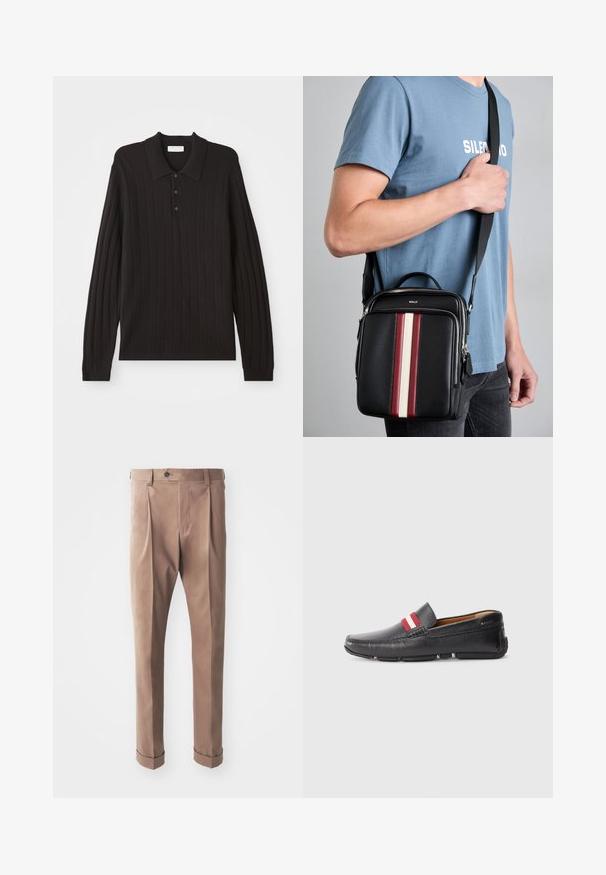 Camisa polo de manga longa preta com textura ribateada, colarinho clássico e três botões. Tecido suave com um design ajustado.; Calças caqui feitas de um tecido texturizado, com cintura alta, pregas e punhos dobrados, apresentando um fecho de botão único na cintura.; Sapato preto de couro slip-on com superfície texturada, detalhe em riscas vermelhas e brancas na parte superior, biqueira arredondada e sola de borracha.; Mala de ombro em couro preto com riscas verticais em vermelho, branco e bege. Apresenta uma pega no topo e uma alça ajustável. Fecho com zíper visível.