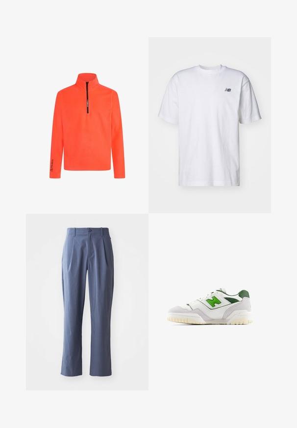 Oranger Pullover mit Reißverschluss am Hals, langen Ärmeln und 'Polartec'-Logo am Ärmel. Glatte Textur und lebendige Farbe für gute Sichtbarkeit.; Weißes T-Shirt mit kurzen Ärmeln und Rundhalsausschnitt, mit kleinem schwarzen New Balance-Logo auf der linken Brust vor einem einfarbigen Hintergrund.; Marineblaue Hose mit Falten, gerader Schnitt, aus leichtem Stoff, mit einem einzigen Frontknopfverschluss und Gürtelschlaufen.; Weiße Sneaker mit grünen Akzenten, aus Leder und Wildleder gefertigt. Verfügt über eine strukturierte Oberseite, einen gepolsterten Kragen und eine Gummisohle mit sichtbarem Profil.