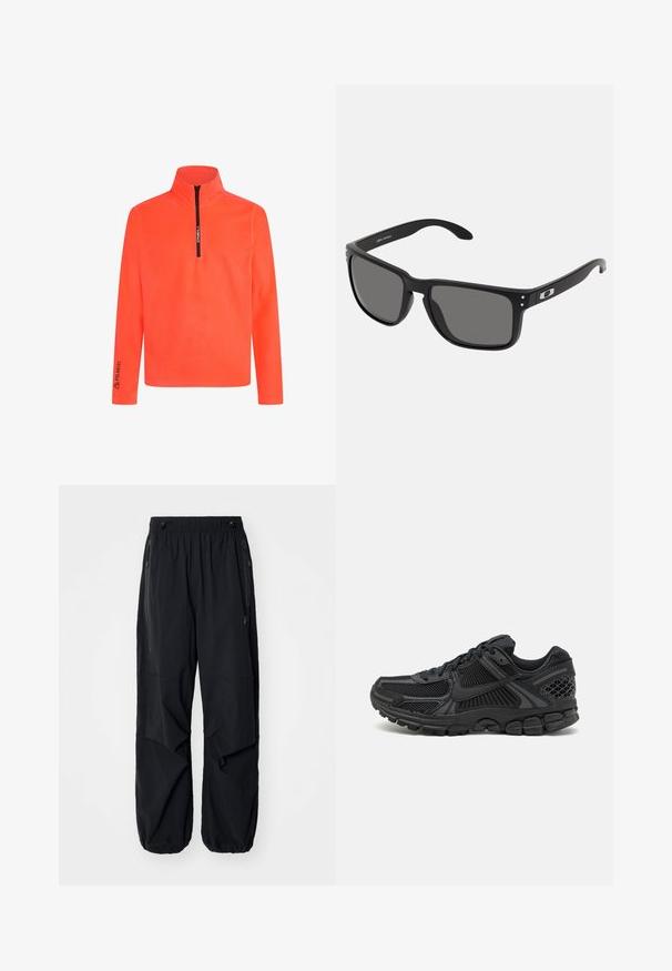 Oranžs džemperis ar rāvējslēdzēja apkakli, garām piedurknēm un 'Polartec' zīmolu uz piedurknes. Gluda tekstūra un spilgta krāsa redzamībai.; Melnas vieglas kravas bikses ar elastīgu jostu, sānu rāvējslēdzējiem un plašām kabatām. Izaicinājumu veido brīvi pieguļoša piegriezne un sašaurināti aproces.; Melna sporta apavi ar tīkla augšdaļu, gumijas zoli un teksturētām detaļām. Dizainā ir izteikta šņorēšanas sistēma un mīkstināta zole.; Melni saulesbrilles ar biezu plastmasas rāmi, tumši pelēkiem stikliem un smalkiem metāla akcentiem uz kātiem. Kvadrāta forma ar gludu tekstūru.