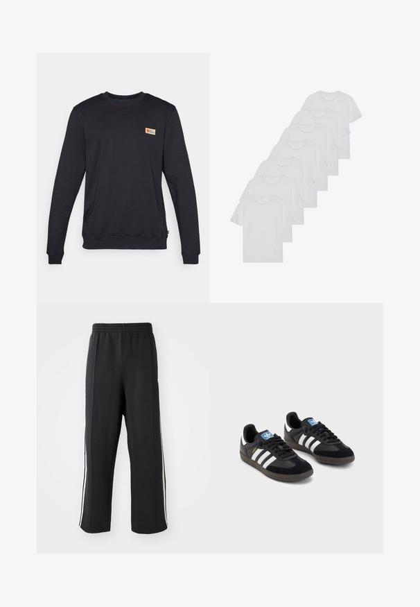 Black crew neck sweatshirt with long sleeves, made of soft material. Features a small, colorful logo on the upper left chest.; White cotton T-shirts, short sleeves, crew neck design, plain texture, stacked in a row, with subtle branding at the neckline.; Black sweatpants with an elastic waistband, featuring white side stripes and a relaxed fit. Made from soft, stretchy fabric.; Black sneakers with a suede and synthetic upper, featuring three white stripes, textured rubber sole, and blue logo tag on the tongue.