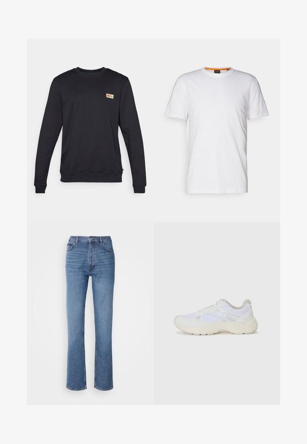 Čierna mikina s okrúhlym výstrihom a dlhými rukávmi, vyrobená z mäkkého materiálu. Obsahuje malé, farebné logo na hornej ľavej časti hrude.; Biely bavlnený tričko s okrúhlym výstrihom, krátkymi rukávmi a jemne embosovaným logom na hrudi. Vnútorná etiketa má oranžový akcent.; Modré denimové džínsy s vysokým pásom, rovnými nohavicami a jemným vyblednutím. Majú klasický strih s piatimi vreckami a zapínanie na zips.; Biele atletické topánky vyrobené z materiálov sieťoviny a semišu, s textúrovanou strednou podošvou, textúrovanými akcentmi a logom "HUGO" na boku.